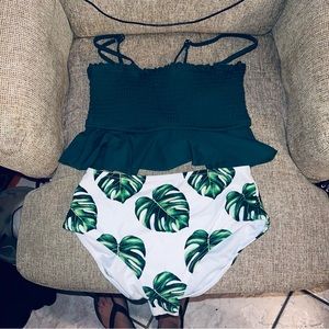 Green Bikini with white with green leaves bottom, with removable straps
